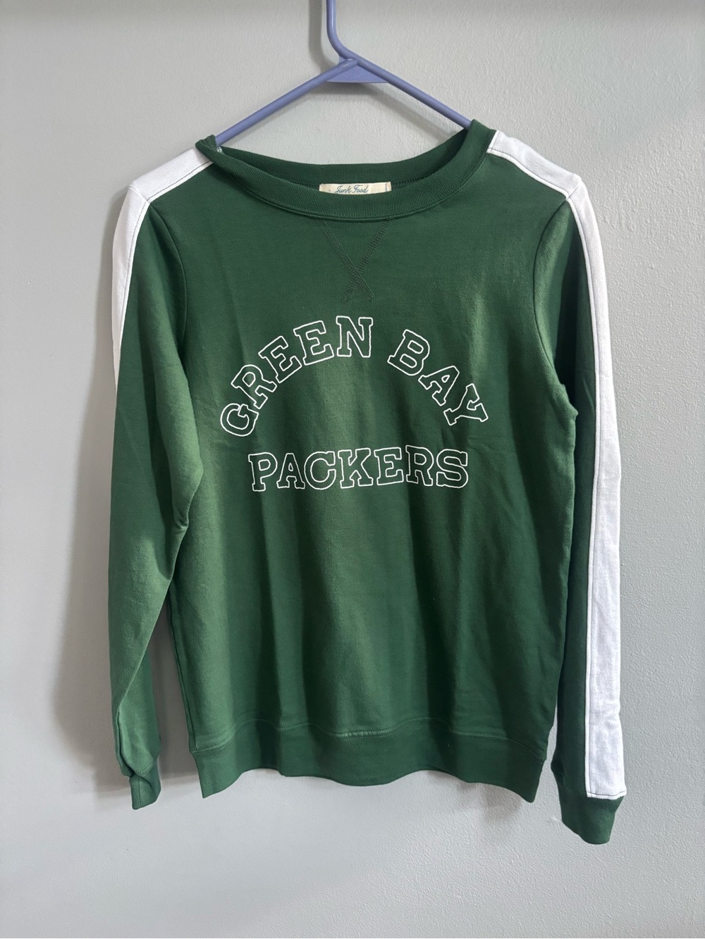 Junk Food Clothing Green Crewneck with White Sleeve Stripes